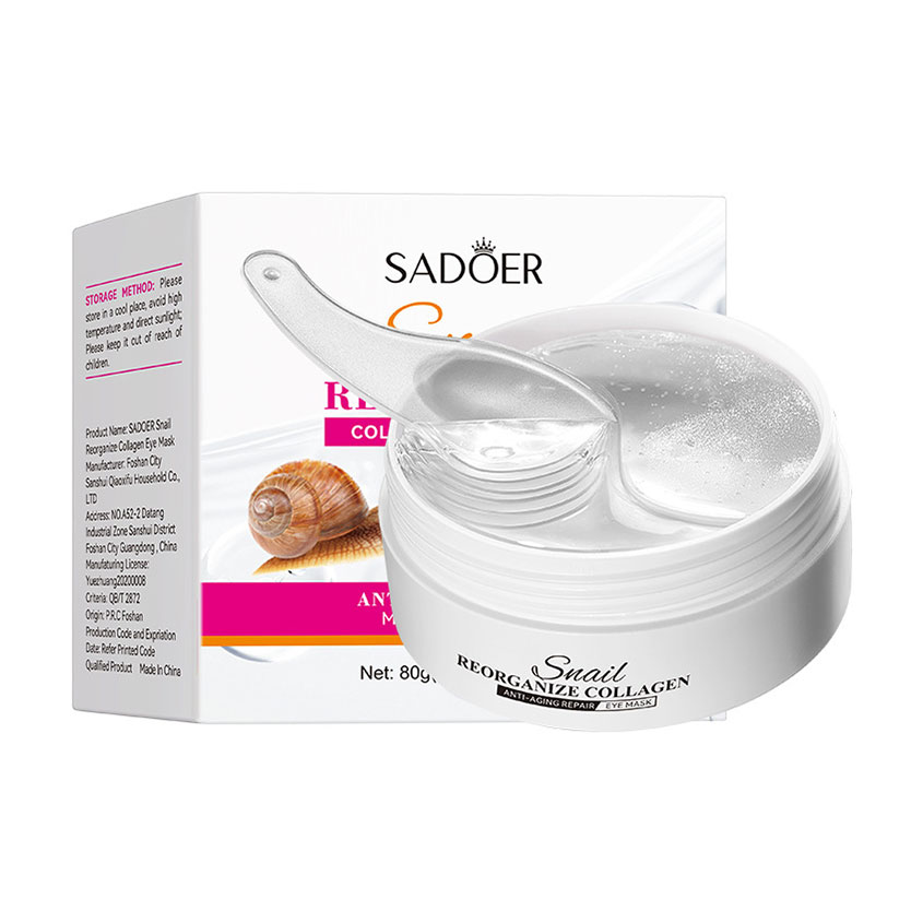 Гідрогелеві патчі для шкіри навколо очей Sadoer Snail Reorganize Collagen Eye Mask з муцином равлика та колагеном, 80 г, 60 шт